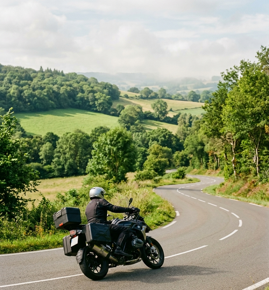 Motard sur une route sinueuse de la région